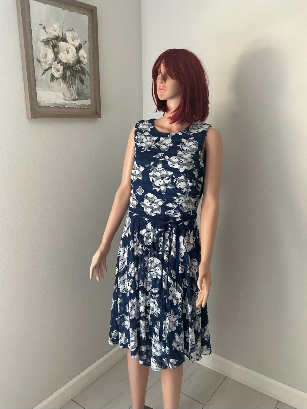 Danny & Nicole Navy and White Floral Sleeveless Midi Dress